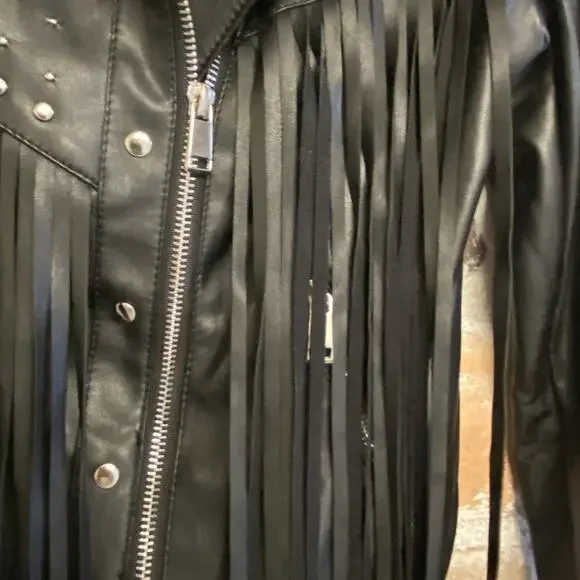 Coffee Bean Star Studded Faux Leather Fringe Black Moto Motorcycle Jacket Medium - Picture 7 of 13
